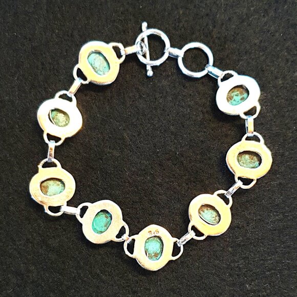 Vintage 925 Sterling Silver Genuine Black Vein Turquoise Cabochon Link Bracelet - Picture 3 of 13